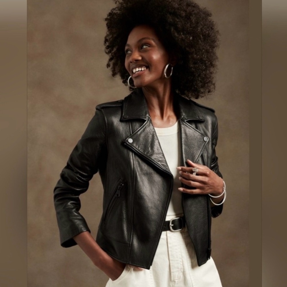 Banana Republic Moto Monocromatic So Black Lambskin Leather Jacket L